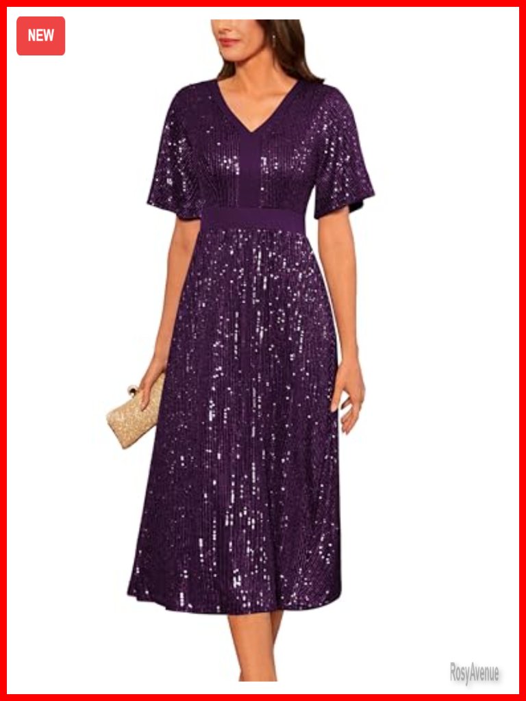 Sequin V Neck Ruffle Sleeve Empire Waist A Line Midi Cocktail Dress